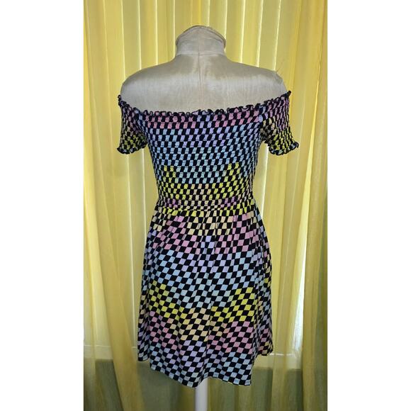 Hot Topic Rainbow Checkerboard Off-The-Shoulder Smocked Dress Size L - Picture 2 of 6